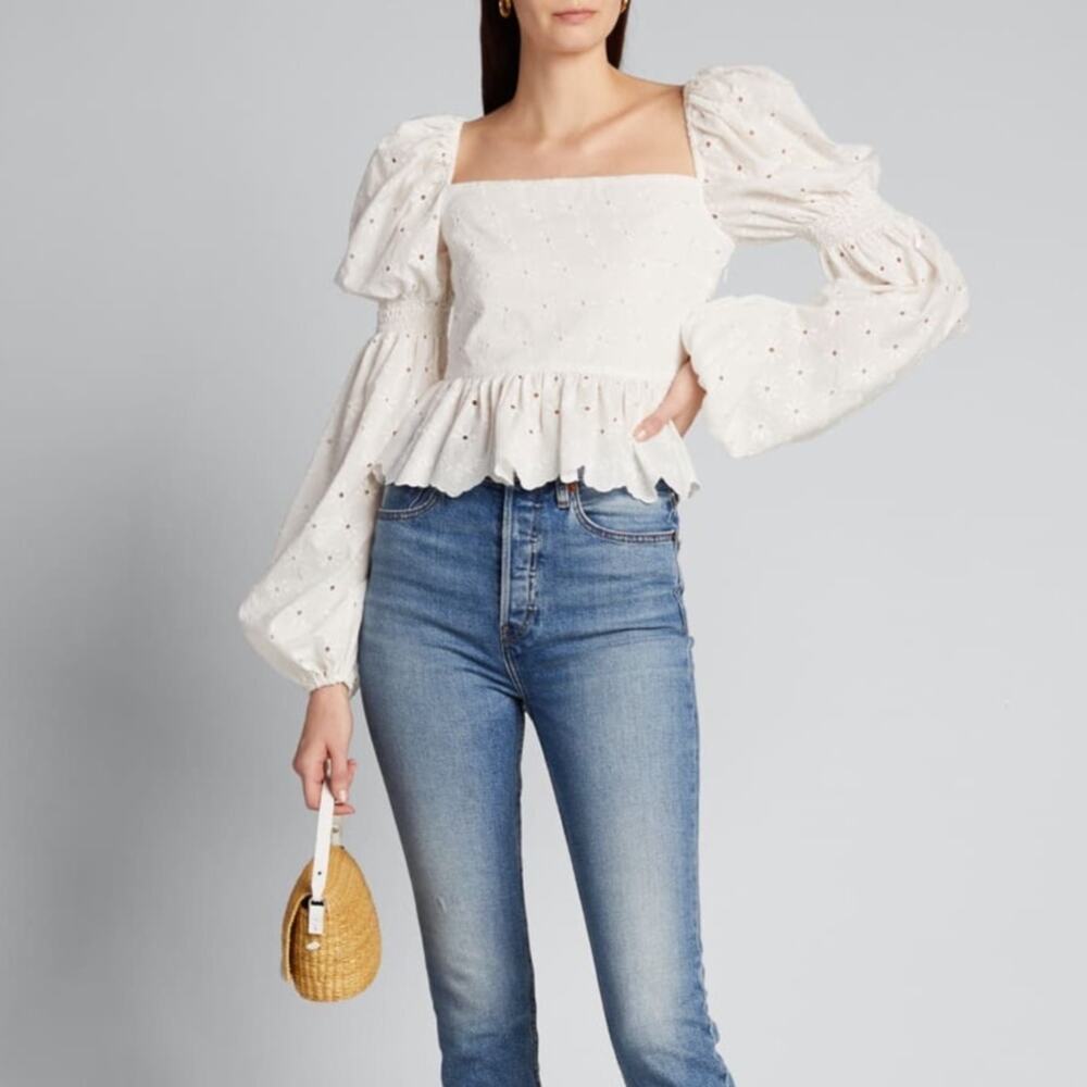 Poetcore Caroline Constas Wren Puff Sleeve Eyelet Top Size Medium White Romantic